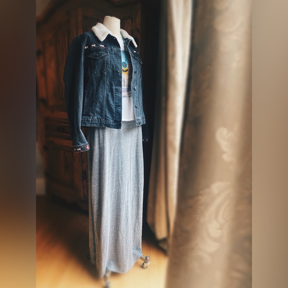 Free People x Driftwood Charcoal Denim Jacket - Aztec Embroidery - Size XL NWOT - Picture 3 of 13